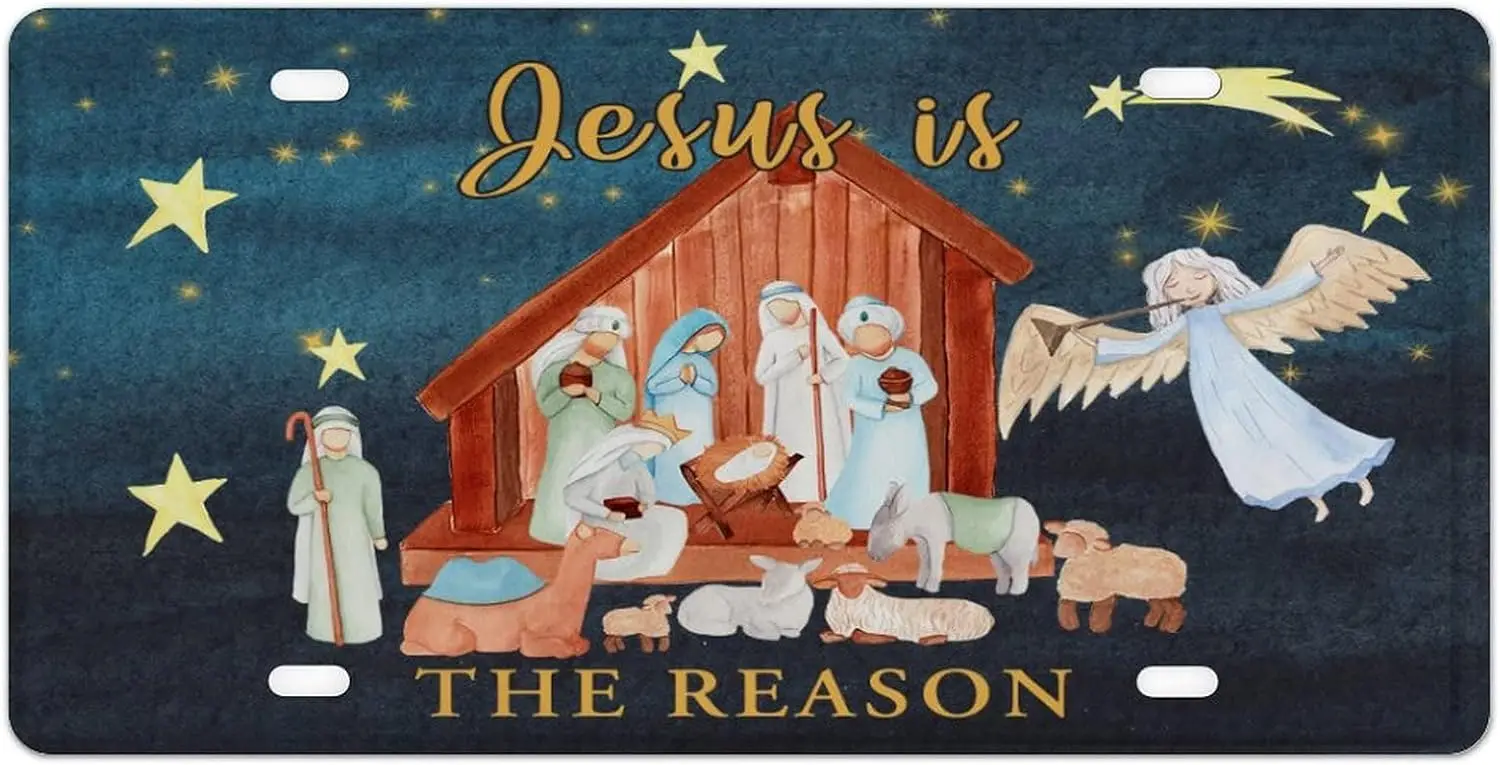 

Xmas Holiday Decor License Plate Decorative Car Front Aluminum Jesus Is Reason Merry Christmas License Tag Plate for Men Women