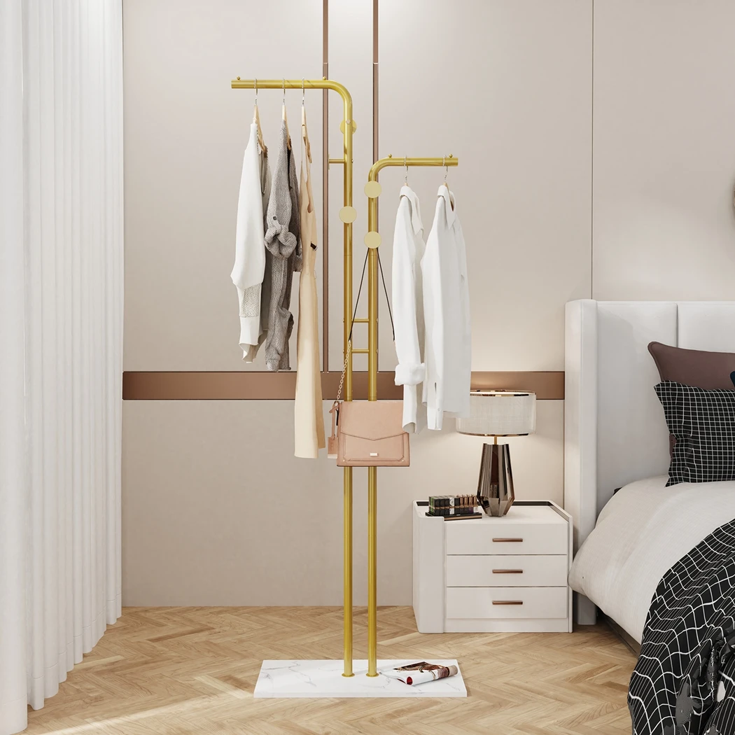 Heavy Duty Metal Coat Rack Stand Free Standing Gold Coat Hanger Garment Rack Hat Stand with 5 Hooks and Marble Base