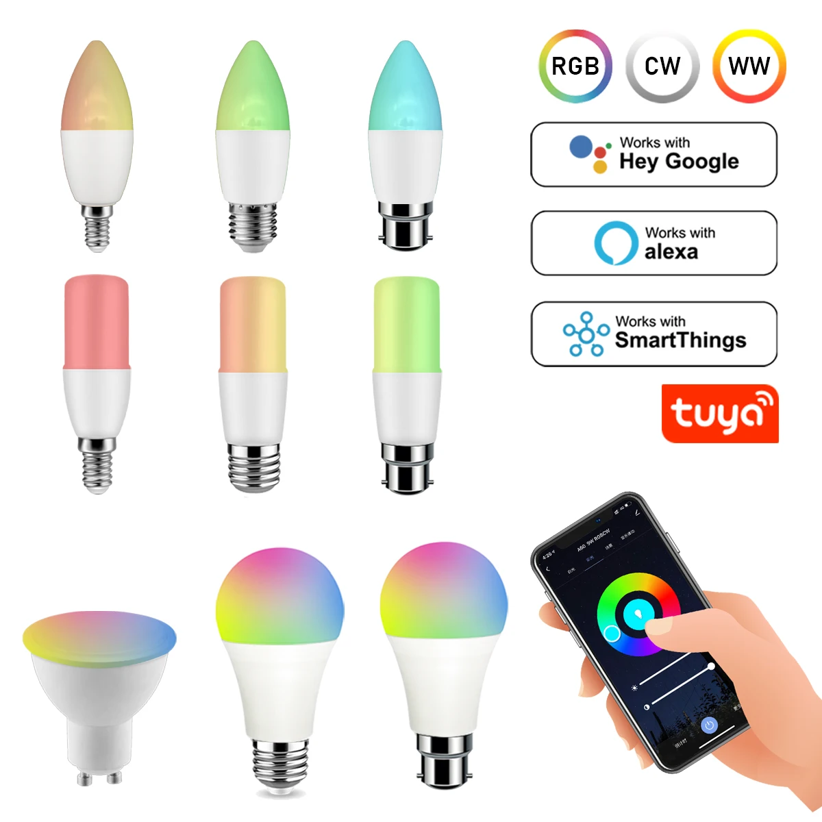 RGB Tuya Smart Wifi GU10 E27 E14 LED Lights Bulb Life APP Control Led