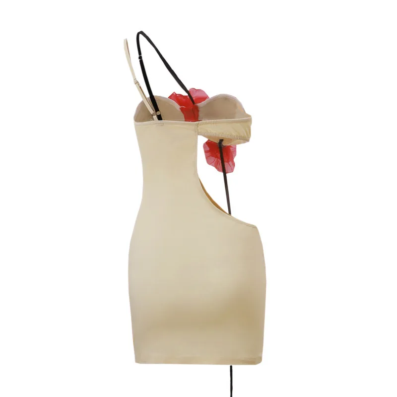 Elegante minivestido sexy sin espalda con flores rojas para mujer, vestido ajustado sin tirantes y espalda descubierta para fiesta y club, nuevo