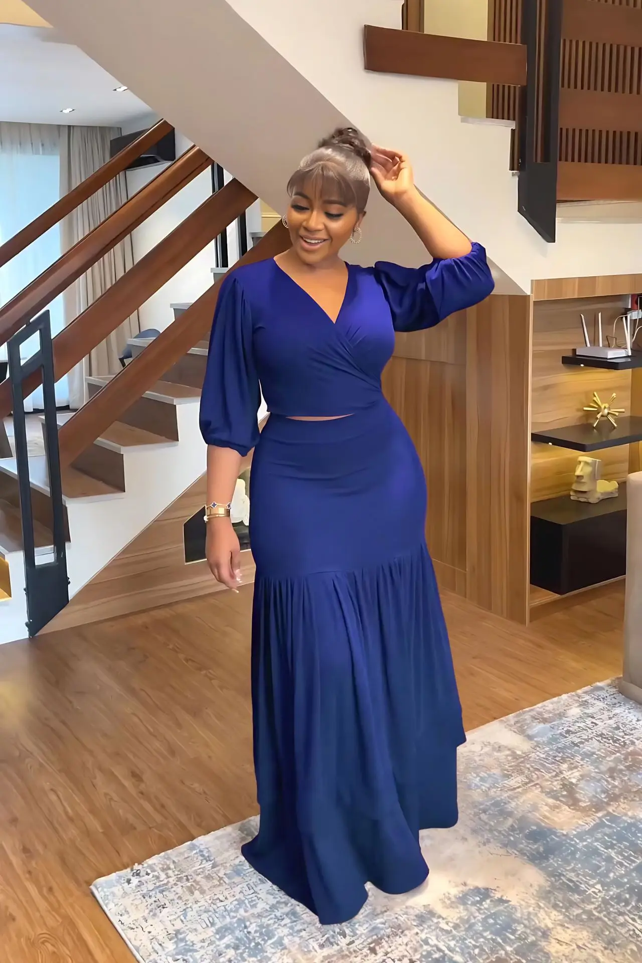 

2023 Office 2 Piece Sets Women Outfit Elegant Sexy V-Neck Long Sleeve Bandage Crop Tops and Pleated Long Skirt Dinner Party Sets