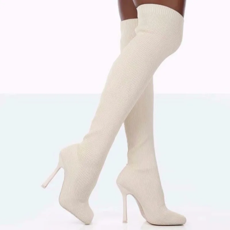 

New Stiletto Square Toe Boots Knitted Elastic Socks Boots High Heel Stovepipe Sleeve Over The Knee Boots Large 35-43