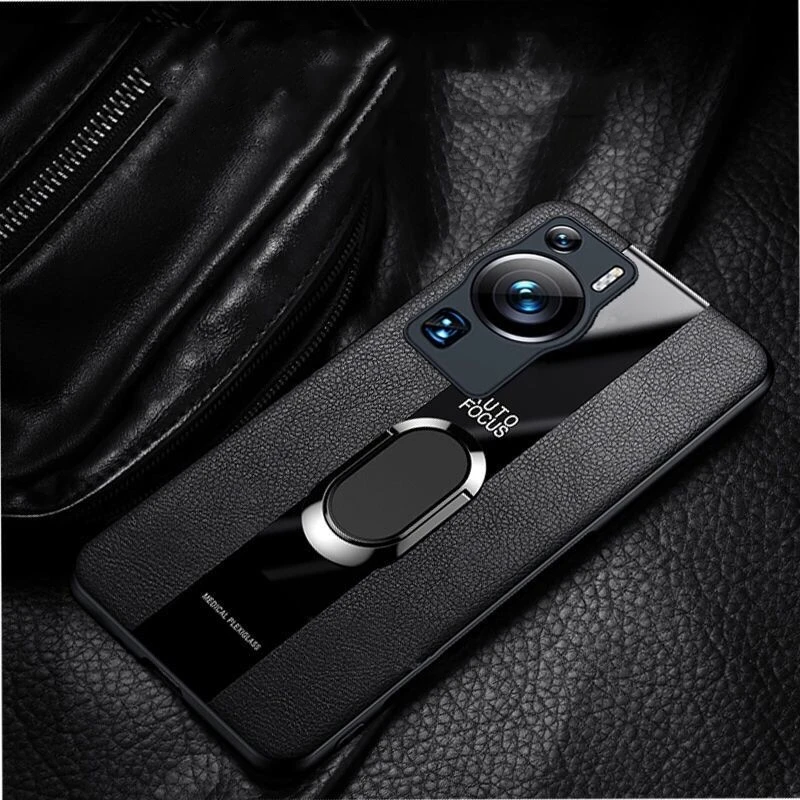 Luxurious Magnetic PU Leather Case with Ring Holder - Shockproof Bumper