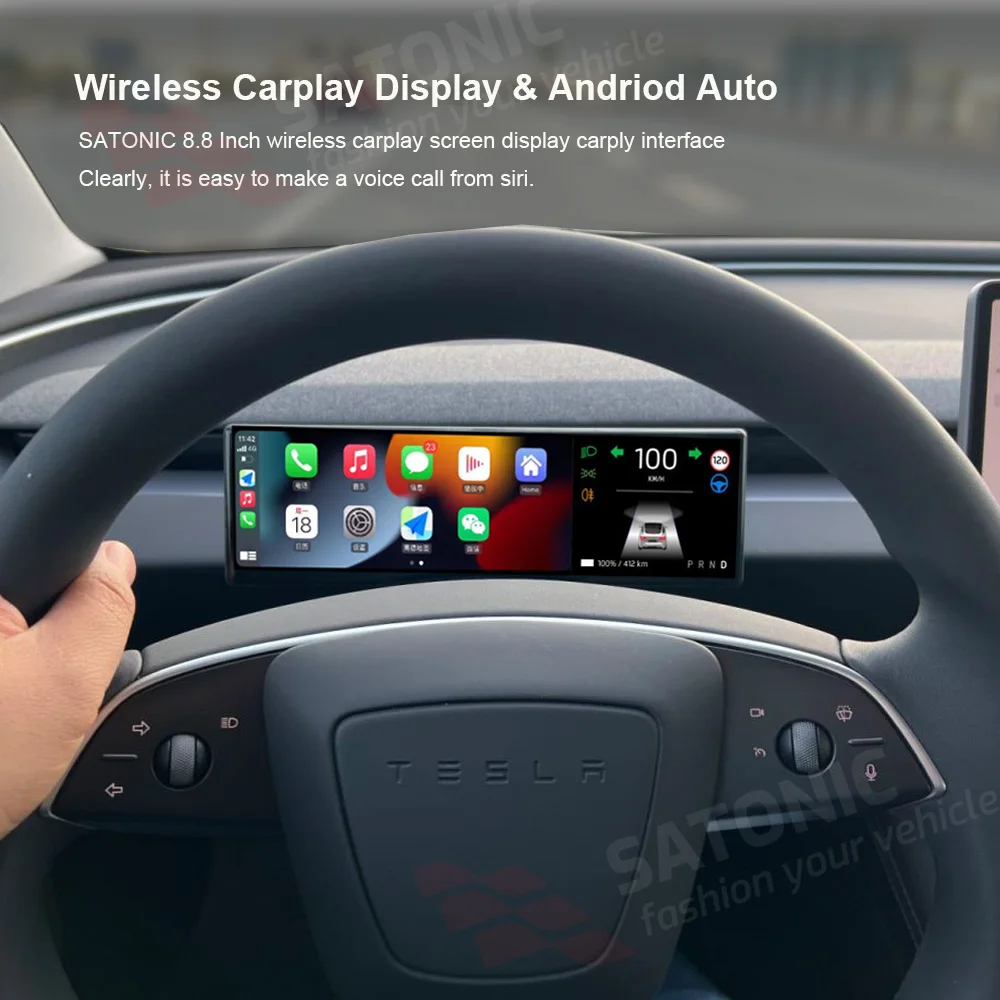 Satonische 8.8 Inch Draadloze Carplay Dashboard Scherm Voor Tesla Model 3 & Y Ondersteuning Draadloze Carplay Handgreep Cover Type Gratis Camera