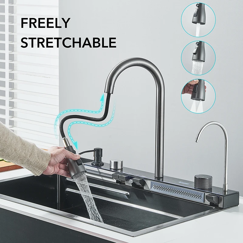 Shinesia Stainless Steel Kitchen Waterfall Sink Large Single Sink Dish Basin Sink With Cold and Hot Controlled Faucet 3