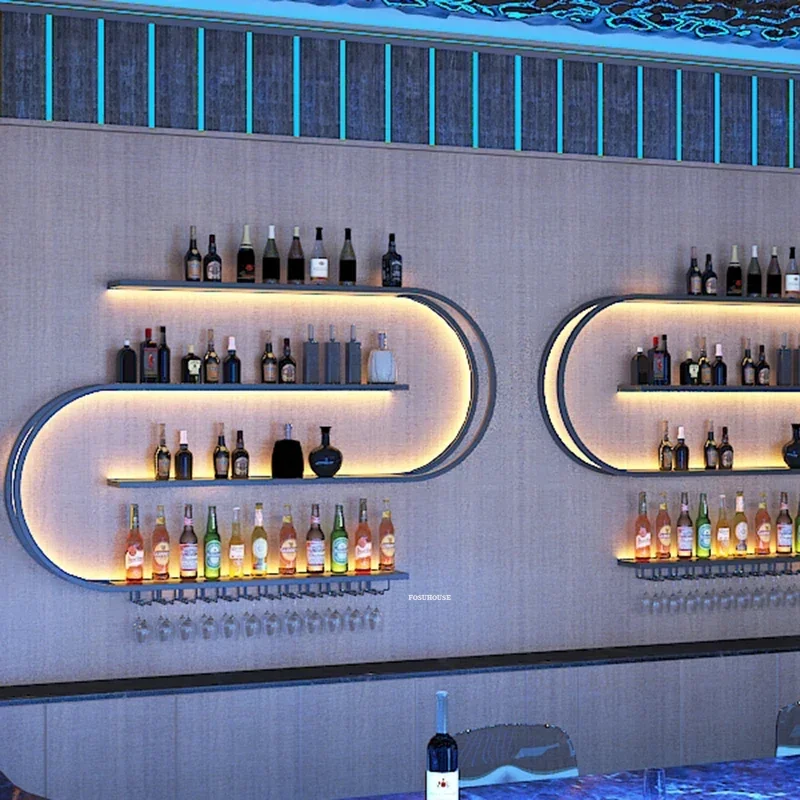Nordic Iron Art Wine Cabinets with Light Wall Mounted Wine Rack Creative Geometric Art Restaurant Showcase for Bar Furniture