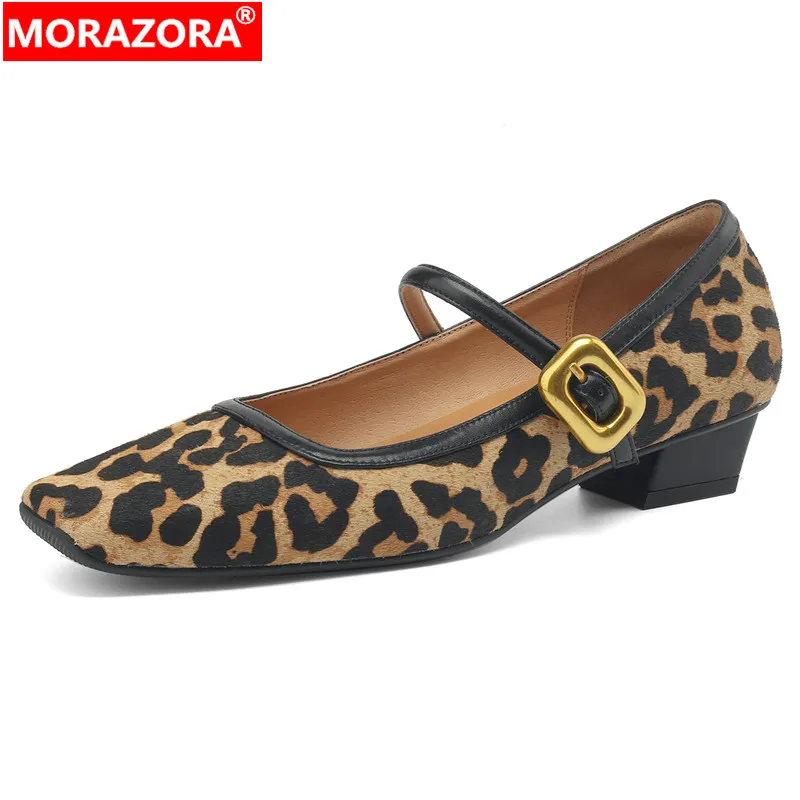 

MORAZORA Size 34-42 New Horse hair Leather Mary Janes Women Pumps Square Toe Chunky Heels Buckle Spring Summer Lady Office Shoes