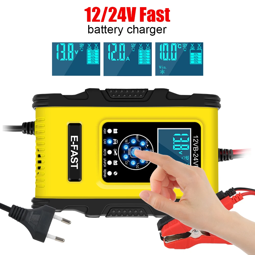 

Smart Car Battery Charger Pulse Repair 12V/10A 24V/6A Digital Display For LiFePo4 Wet Dry Lead Acid AGM Gel Batteries