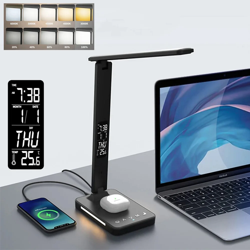 USB 무선 충전기 LED 데스크 램프, 알람 시계, 온도 조절 가능, 터치 테이블 램프, 눈 보호 독서 야간 조명 