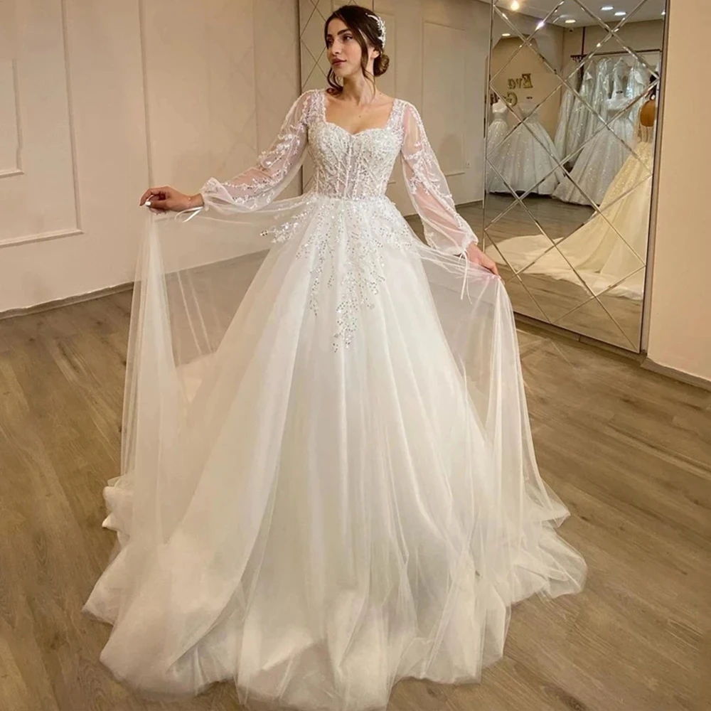 

White Wedding Dresses Sweetheart Appliques Grace Bridal Gowns 2023 Puff Sleeve Formal Tulle A-Line Princess Plus Size Robe Lace