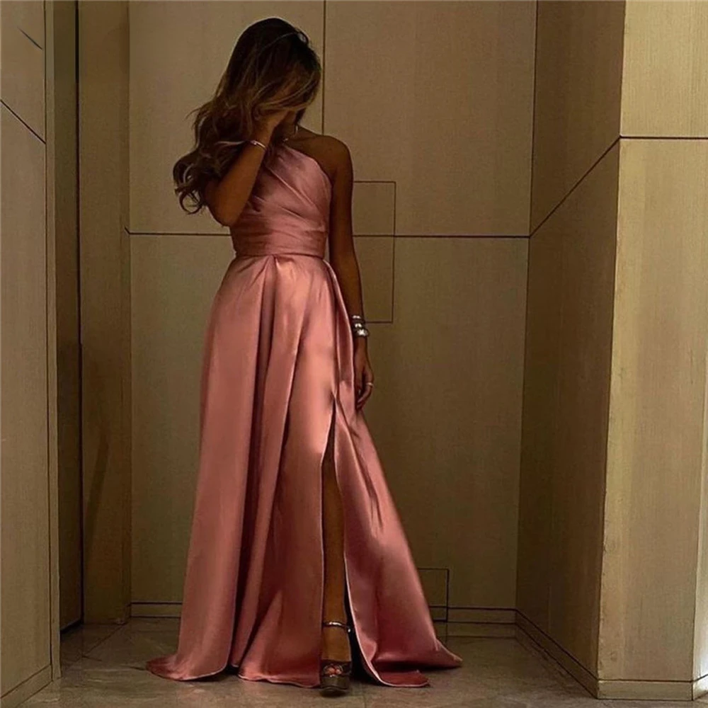 

Пыльное розовое атласное длинное вечернее платье с одним открытым плечом и Боковым Разрезом, простые платья для выпускного вечера, женское элегантное вечернее платье