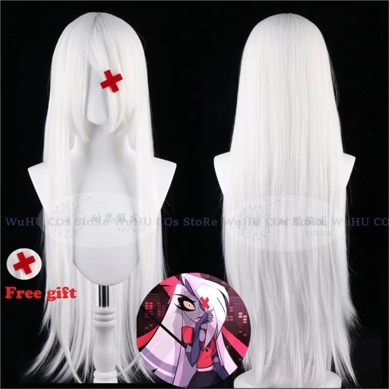 

Anime Hazbin Vaggie Cosplay Hotel Vaggie Wig With Bow Headwear Hairpin Vaggie 100cm White Sliver Hair Women Halloween Cosplay