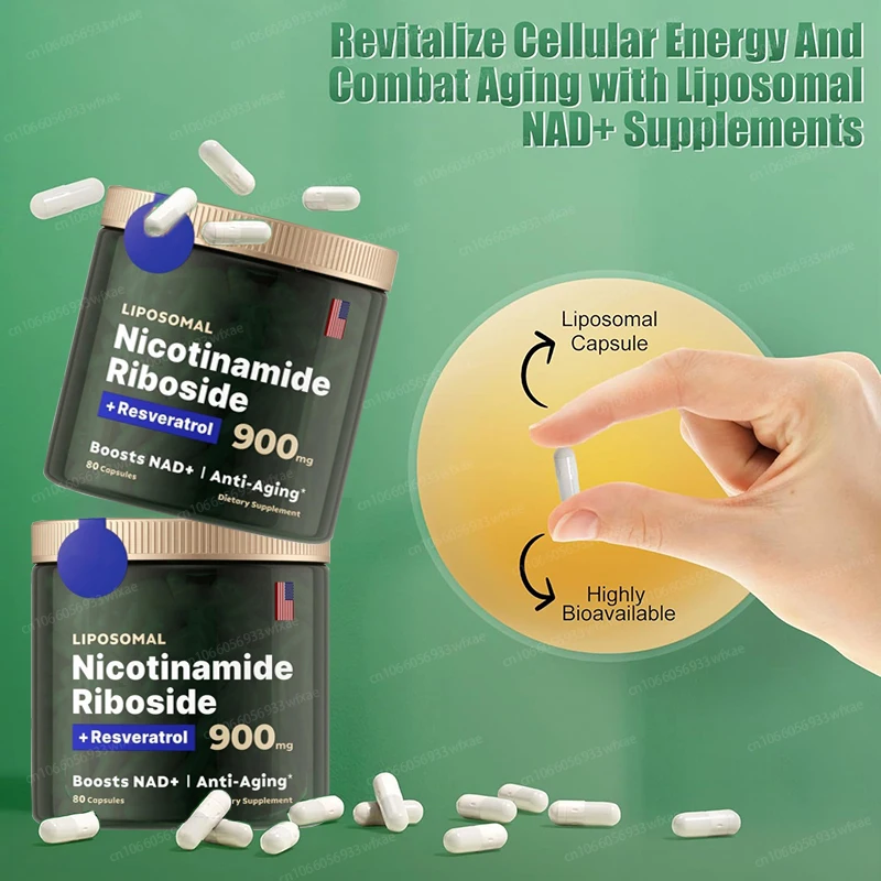 2 Bottles NAD+ Supplements Nicotinamide Riboside 900mg Resveratrol Natural Energy & Cellular Health Skin Care Anti Aging nad+ supplement capsules