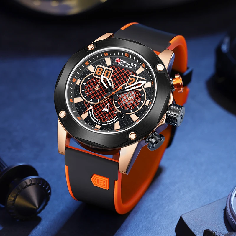 BORUSE Luxury Watches for Men Business Casual Wristwatch Male Silicone Waterproof  Chronograph Quartz Watches Relogio Masculino