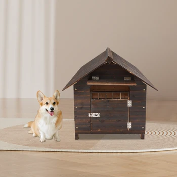 Pet Dog House With Window and Door, Welsh Corgi French Bulldog, Outdoor Garden Solid Wood Breathable Courtyard Puppy Villa Patio 6