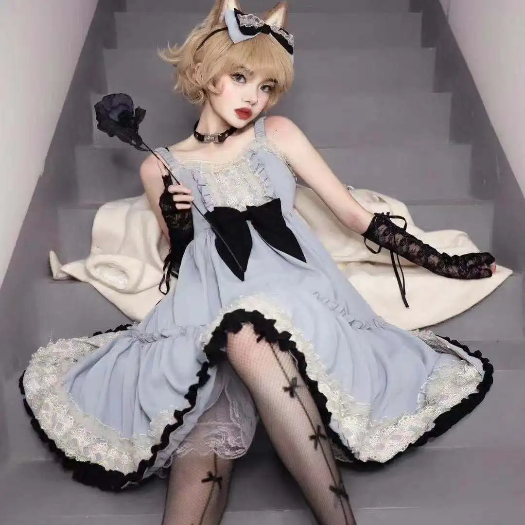 

Japanese Gothic Lolita Jsk Dress Women Vintage Sweet Blue Sleeveless Princess Party Dresses Girls Kawaii Lace Bow Y2k Dress