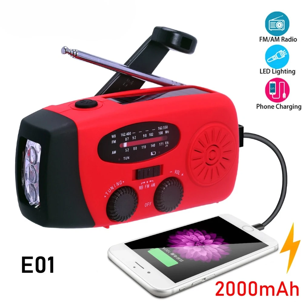 E01 비상용 수동 크랭크 태양열 라디오 2000mAh 보조 배터리 FM AM NOAA WB 기상 라디오 LED 손전등 휴대용 야외 충전기