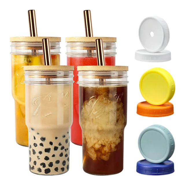 24 Oz Glass Tumbler with Straw and Bamboo Lid,Iced Coffee Cup