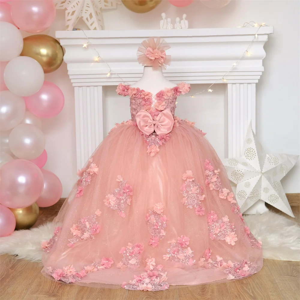 Pink Applique Flower Girl Dress For Wedding Tulle Elegant Floor Length Puffy Baby Kids Birthday Party First Communion Ball Gown 2