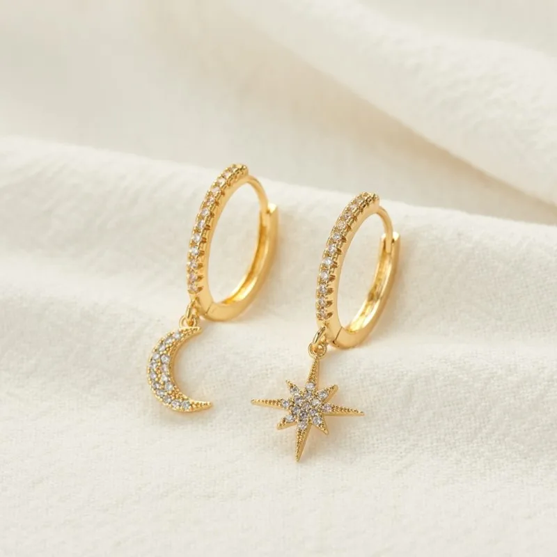 Delicate Silver Color Cubic Zircon Star & Moon Drop Pendant Hoop Earrings for Women New Trendy Wedding Earring Jewelry Gifts