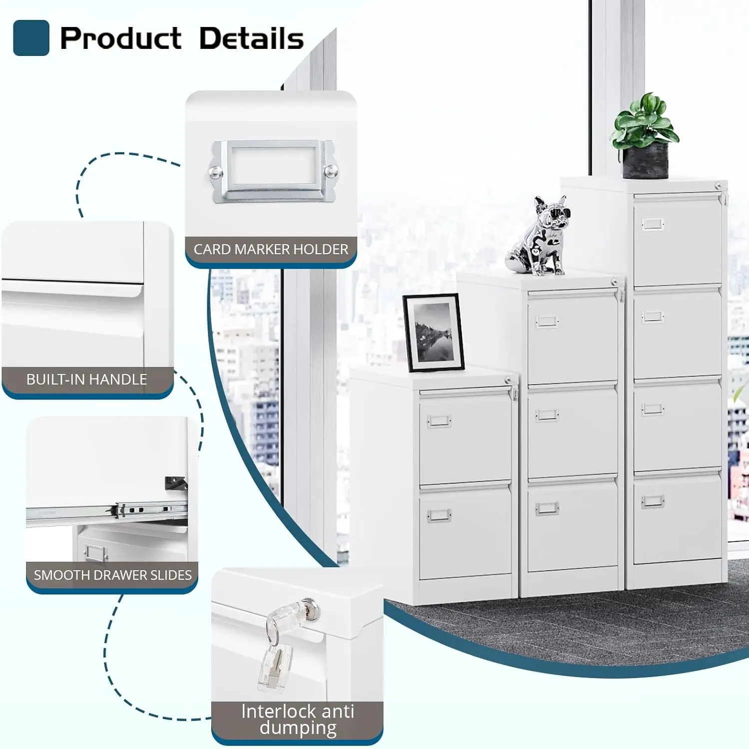 White 2 Drawer File Cabinet, Vertical Filing Cabinet with Lock, Home Office Storage Cabinet for Letter Legal A4 File Size