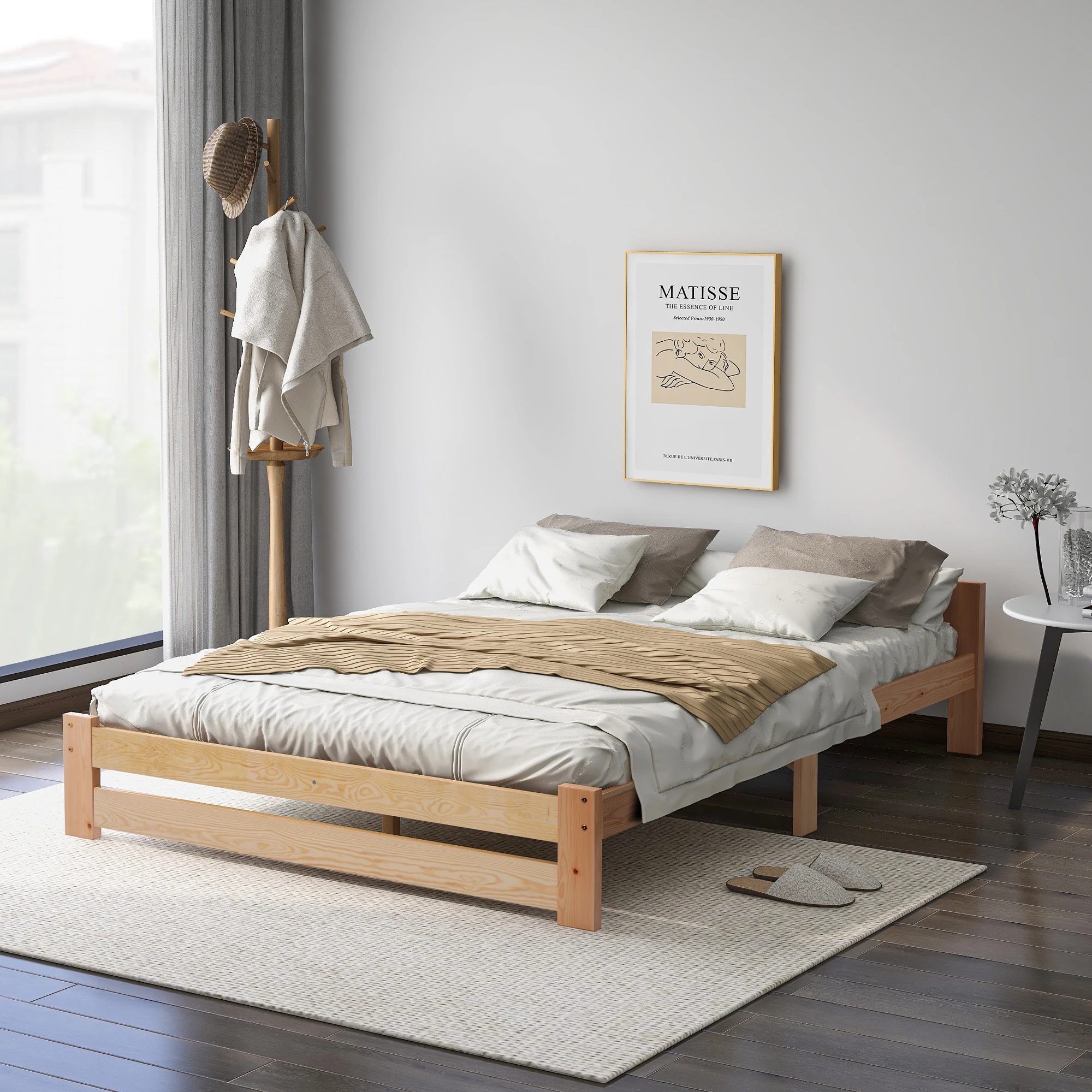 140X200CM Solid Wood Bed Natural Bed with Headboard Slatted Frame for Adults, Children, Teenagers Dormitory Bedroom Furniture