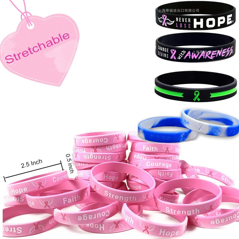 200 Braccialetti In Gomma Rosa Per La Consapevolezza Del Cancro Al Seno - Scritta Speranza, Forza, Fede, Coraggio - Dimensioni Adulte, Morbidi E Riutilizzabili - copertina