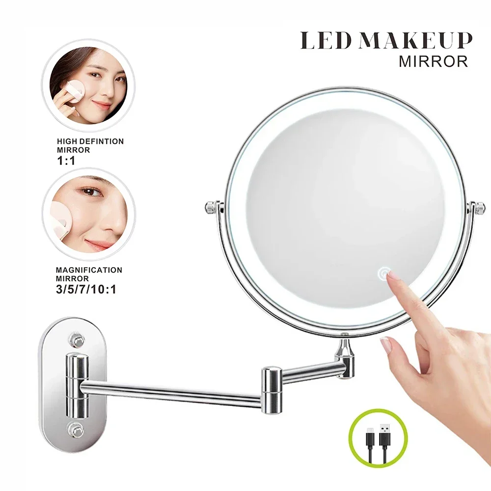 Bathroom White Smart Makeup Mirror 8-inch Folding LED Makeup Mirror 3X Magnification Double-sided Battery Mirror 3