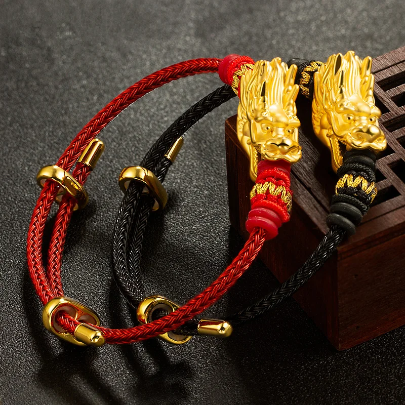 

1pcs Pure 999 24K Yellow Gold 3D Men Women Lucky Dragon Head Bracelet 5.9-9inch