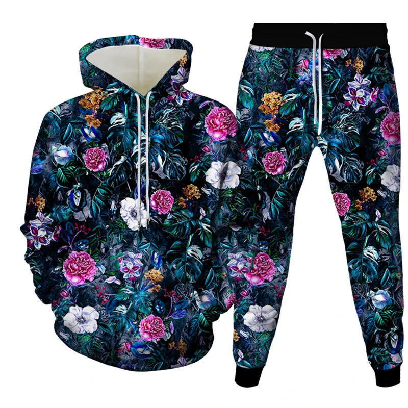 Mens Floral Hoodie Sweatpants Tracksuit