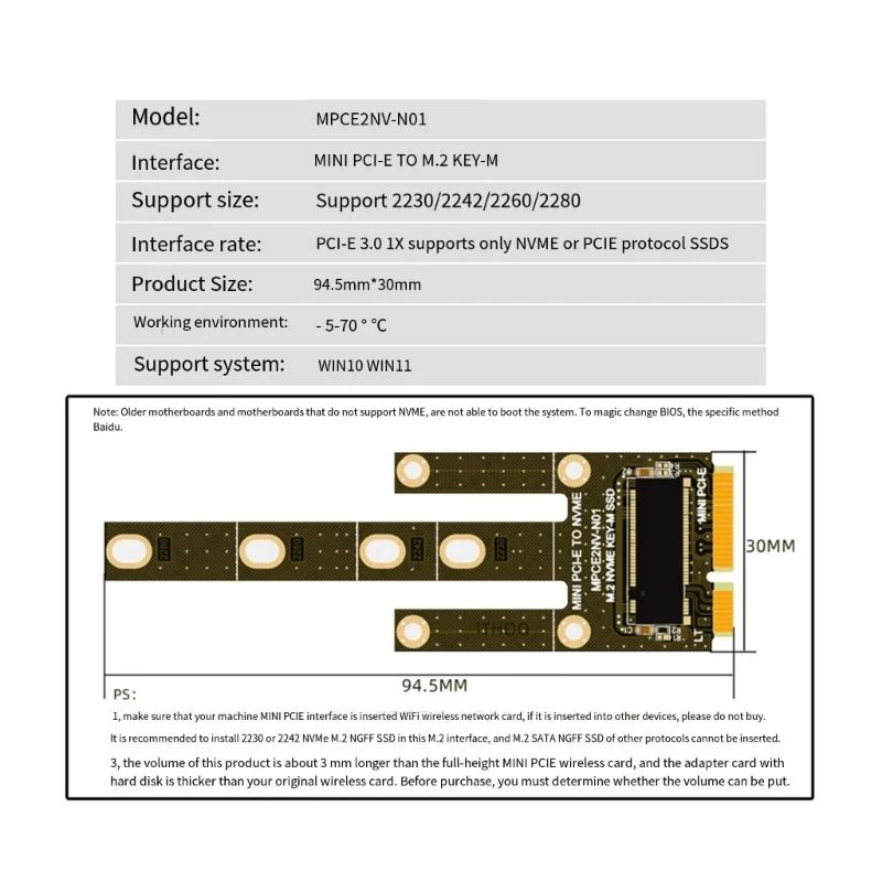 PCIE to NVME Adapter Card Board Converter Supports 2230 2242 2260 2280 M.2 NVME PCIE M Key Expansion Card Risers