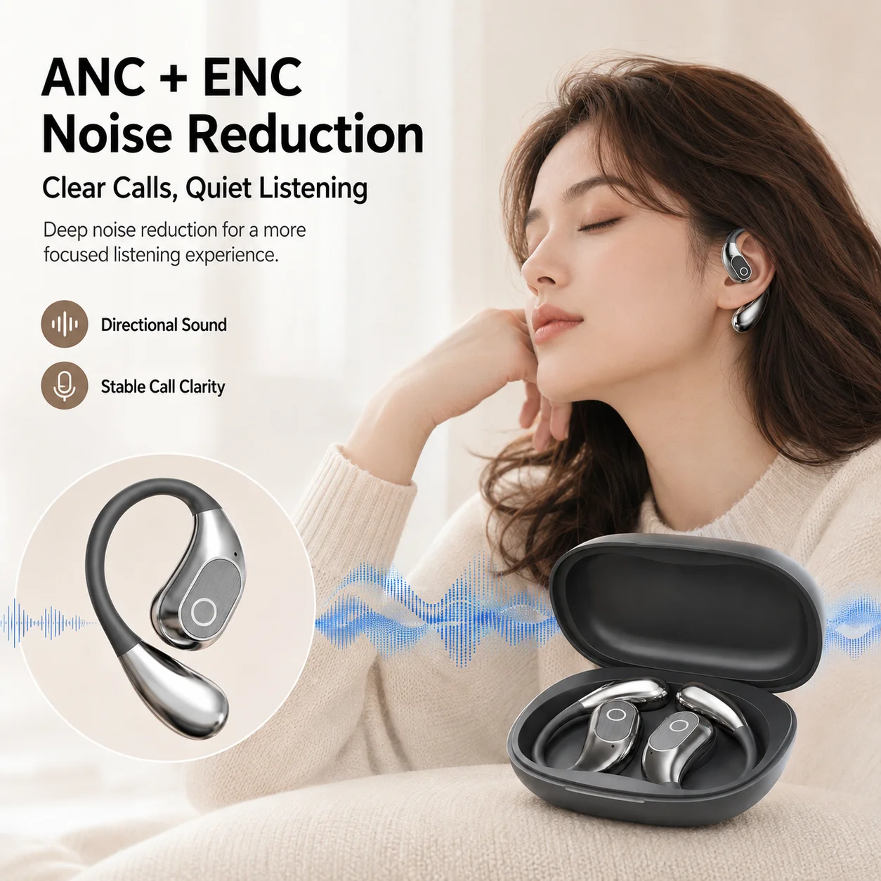 Cuffie Open-Ear Bluetooth 5.4 con Custodia Touchscreen, Riduzione del Rumore ANC ENC, Audio Hi-Fi Stereo, Lunga Durata della Batteria - immagine 3