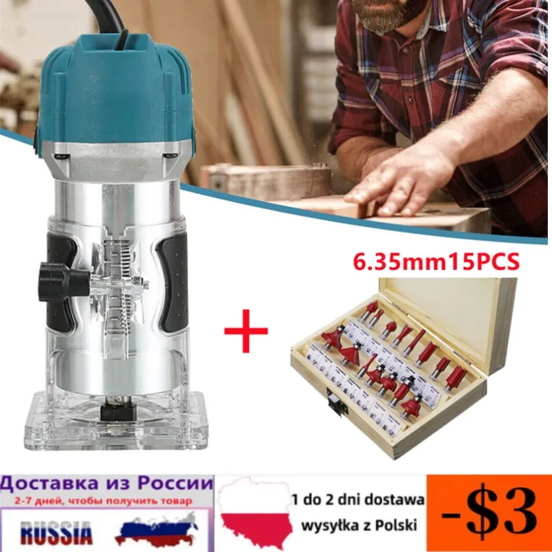 800W Electric Wood Router Woodworking Electric Trimmer Engraving Slotting Trimming Carving Router With 6.35mm Milling Cutter