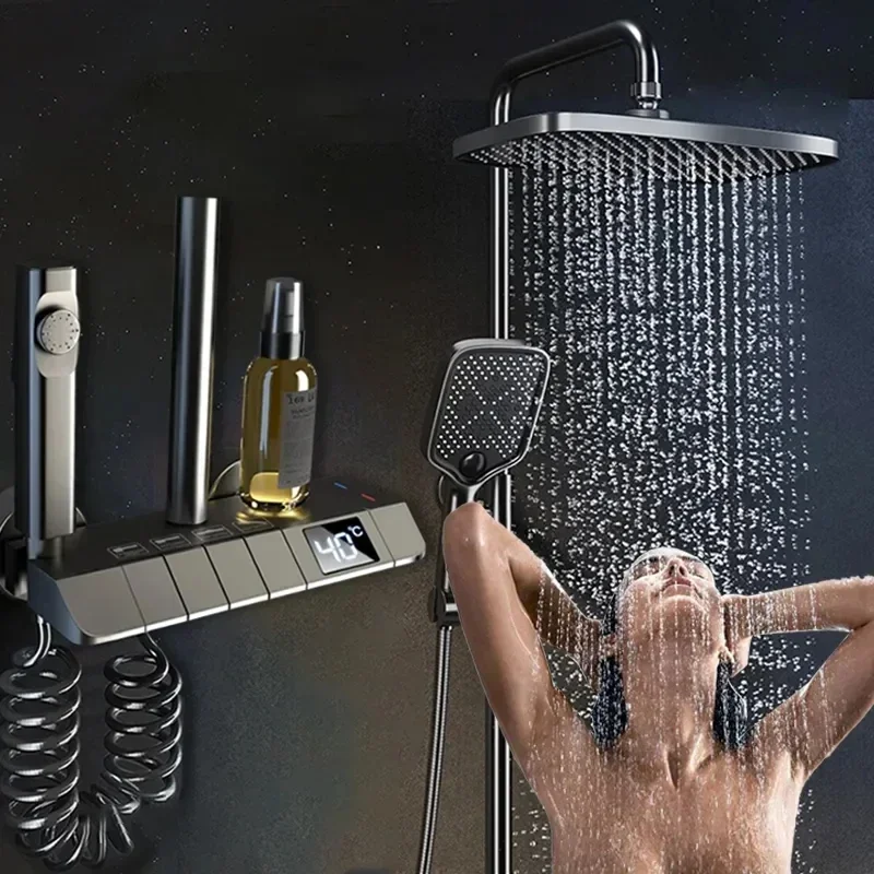 Juego De Grifo De Ducha Para Baño, 4 Funciones, Termostato De Ducha, Gris, Negro