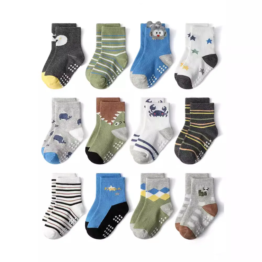 12 Pairs/lot Baby Kids Anti-slip Socks Cartoon Dinosaur Toy Cars Floor Socks Soft Cotton Girls Boys Trampoline Socks for 1-7Year 4