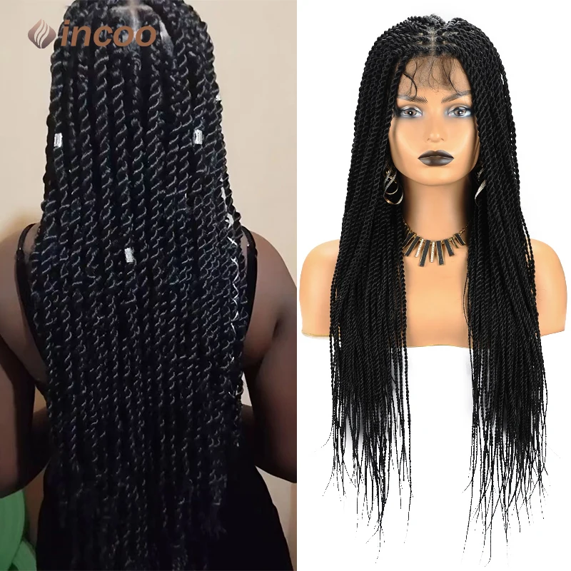 

26" Blonde Synthetic Braids Wig Knotless Twist Braids Transparent Full Lace Front Wigs Senegalese For Black Women Goddess Incoo