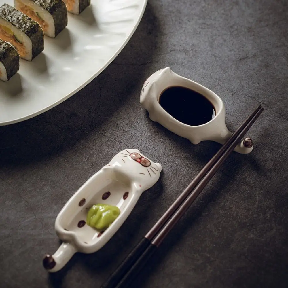 Cute Ceramic Seasoning Plate Cat Chopsticks Holder Home Decoration Ketchup