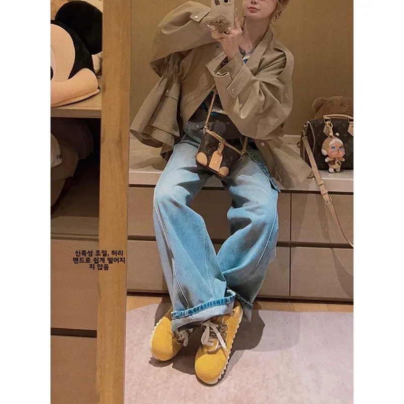 임산부를위한 봄 가을 긴 청바지 바지 바닥 길이 스트레이트 레그 와이드 레그 배꼽 지지대 없음 편안한 캐주얼 바지