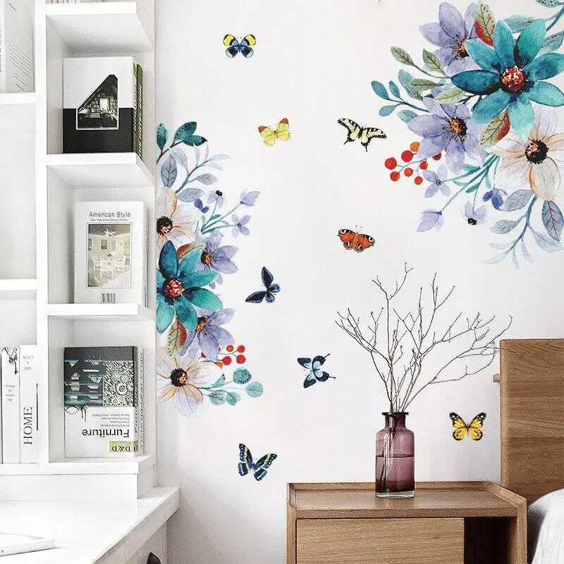 

Beautiful Flowers Butterfly Wall Stickers Living Room Bedroom Decorative Vinyls Walls Flowers Wallpaper Home Decor Stickers TV