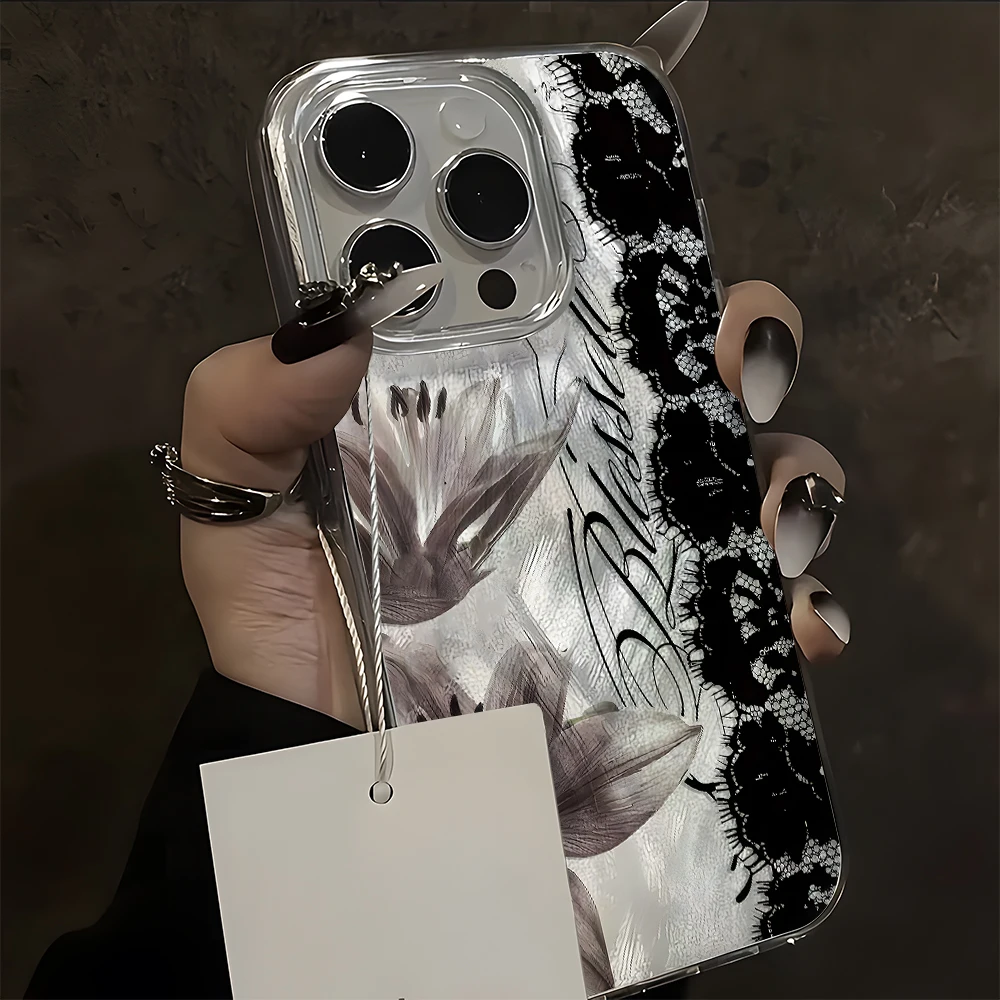 Elegant Black Lace and Floral Pattern TPU Silicone Phone Case Cover