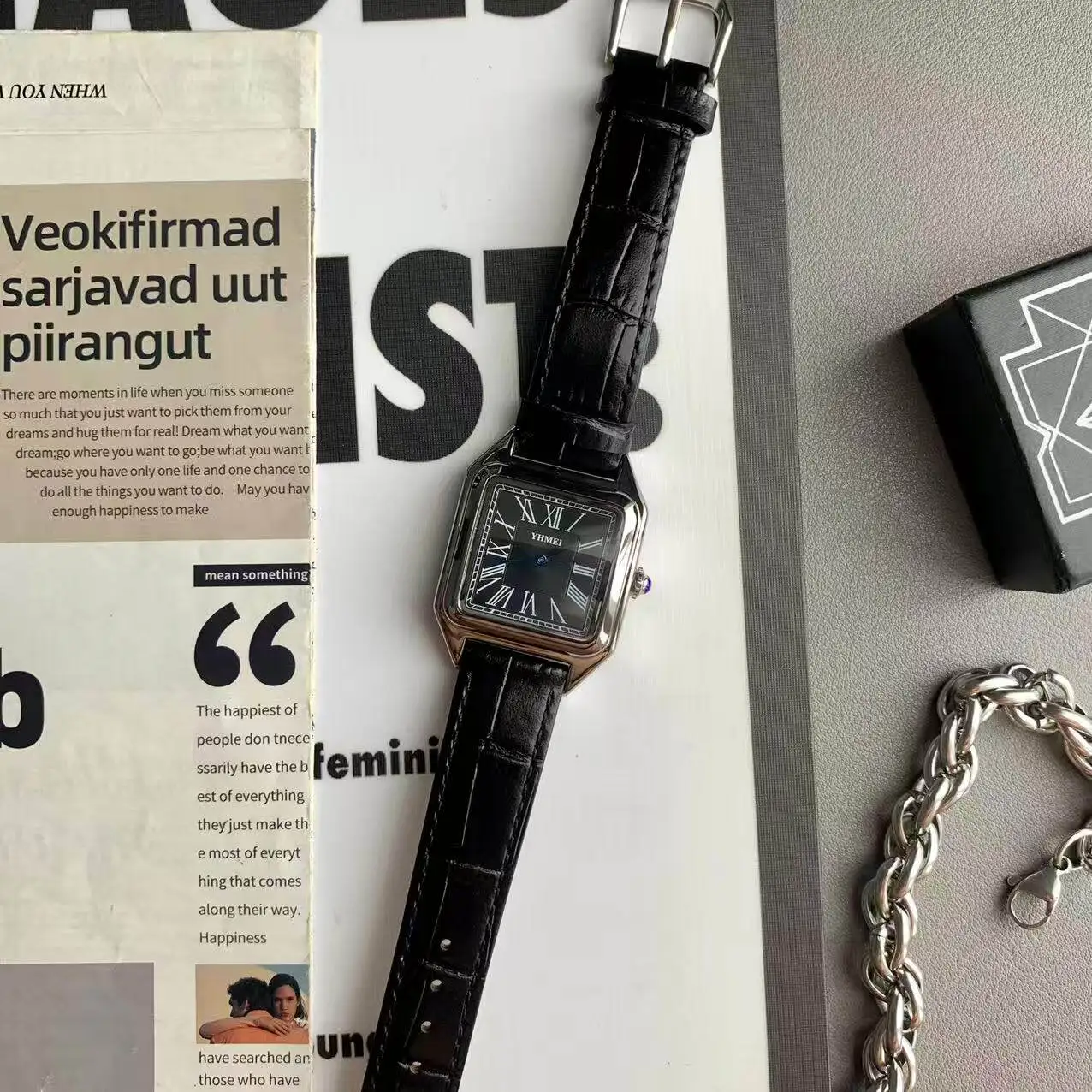 Luxury Watch for Men Square Rectangle Reloj Sliver Orologio Black Leather Strap Stainless Steel Quartz Wristwatch Male Man Clock
