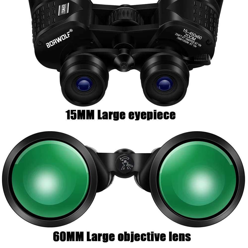 BORWOLF 15-450X60 Binoculars Telescope HD Light Night Vision Bak4 Prism Professional Zoom Powerful for Hunting Bird Watching 2