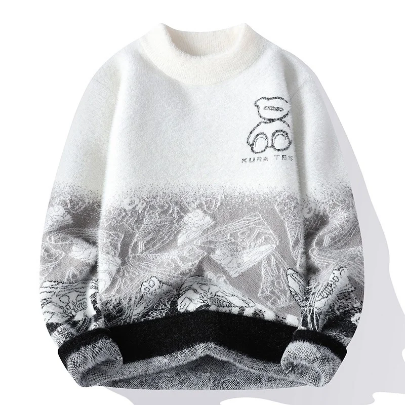 

#5899 Cartoon Knitted Sweater Man Teenager Tight Sweater Men Spliced Color Warm Knitwear Mohair Sweater Gradient Color Winter