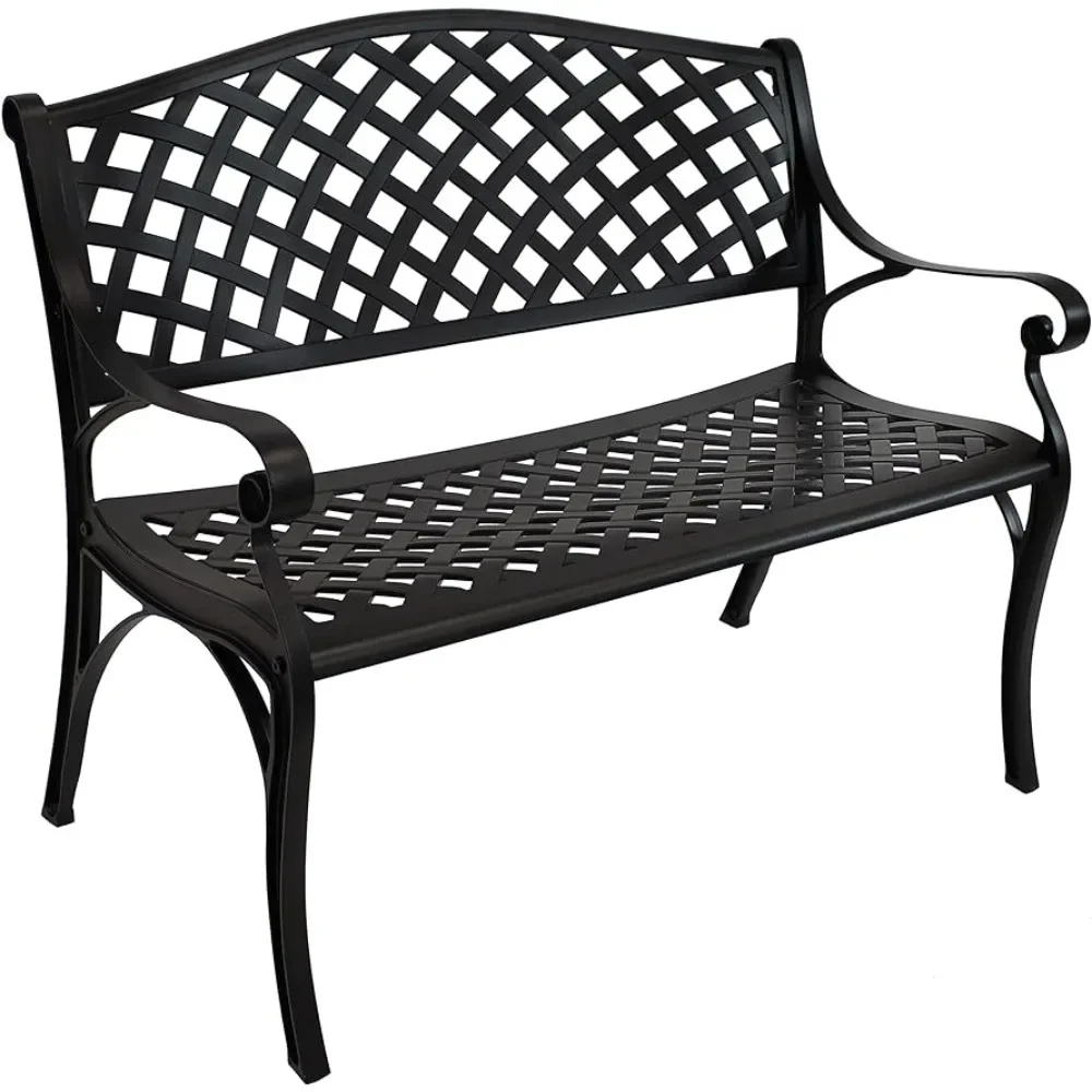 Outdoor bench with 2-person cast aluminum garden bench, square design, 615 pounds load-bearing capacity, black