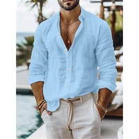 Chemise en lin pour hommes, chemise d'été, chemise à boutons en mélange de coton et de lin, chemise décontractée de vacances de couleur unie, bleu, blanc, noir, rose 1