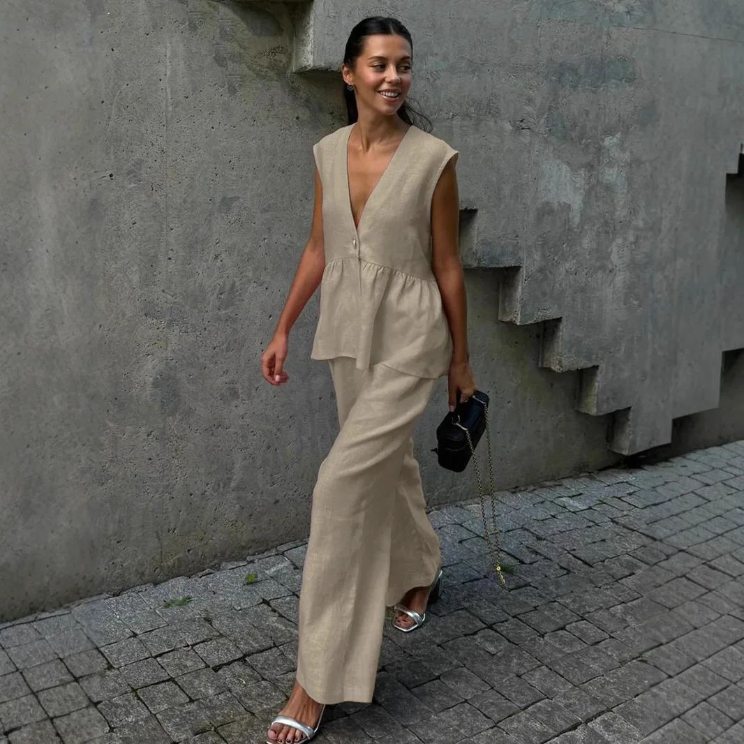 Women Summer V Neck Sleeveless Vest Suits