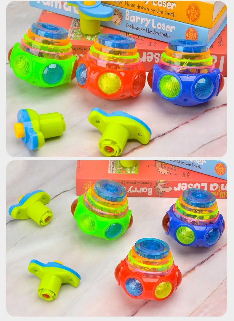 UFO Flashing Spinning Top Kids Gyro Light Up Toy Kids Piggy LED Music Gyroscope Launcher Rotating Toys Fun Birthday Party Favors