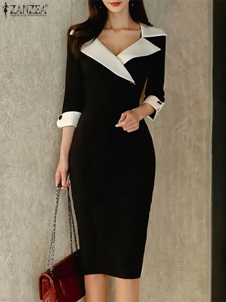 

ZANZEA Women Colorblock Lapel Long Vestidos Lady Midi Dress 2023 Autumn Office 3/4 Sleeve Dresses Fashion Buttons Waisted Robes