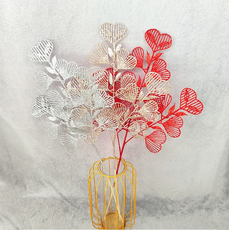

3 Fork Glitter Gold Powder Heart-shaped Simulated Leaves Artificial Plants Christmas Decoration Wedding Party Home Decoration