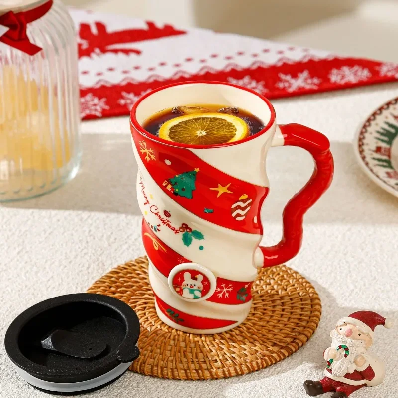 Hot Christmas Threaded Elk Couple Ceramic Mug Trendy Water Cup Home Office Milk Breakfast Cup Handheld Gift with Lid Gift Box LI